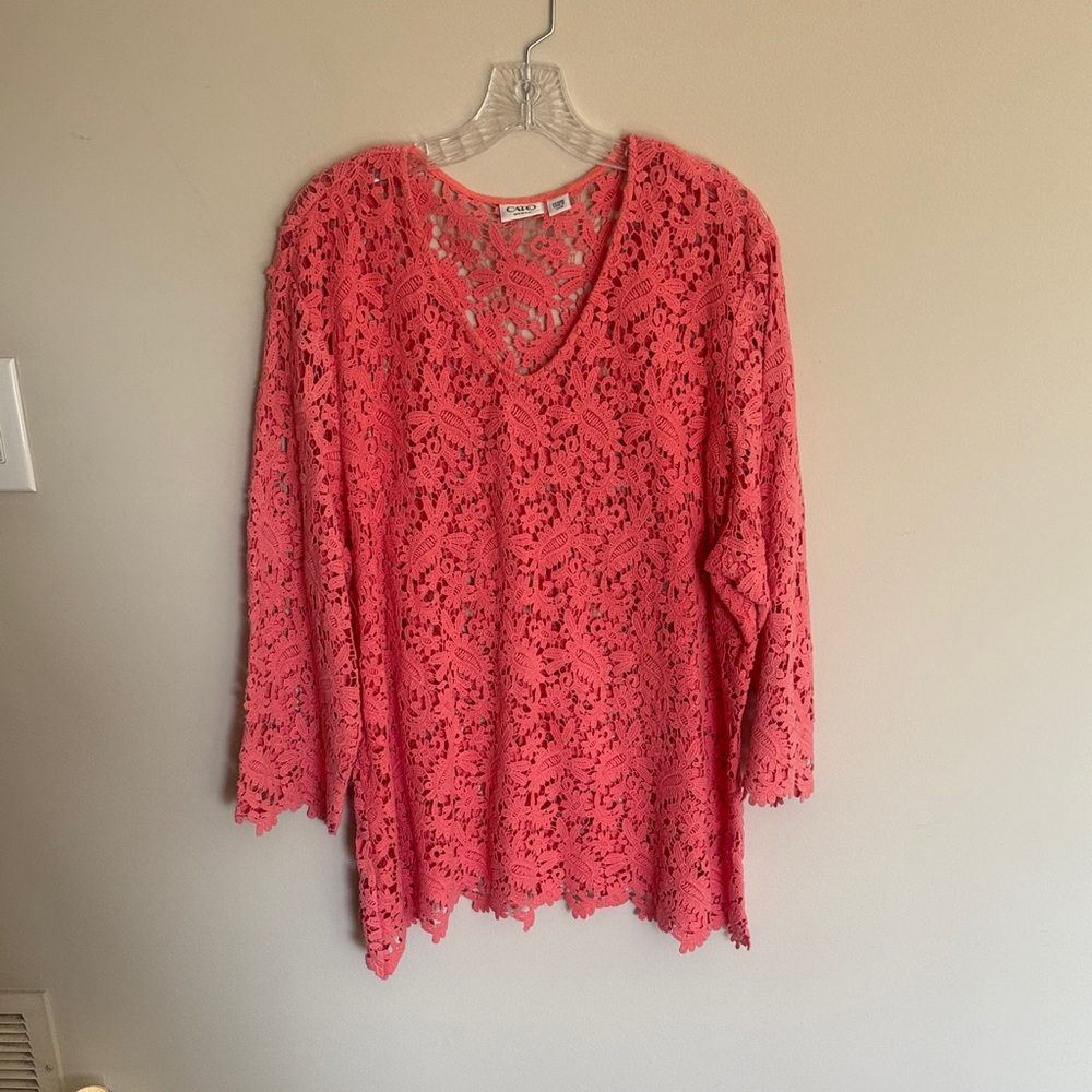Cato Coral Lace V-Neck Tunic Top